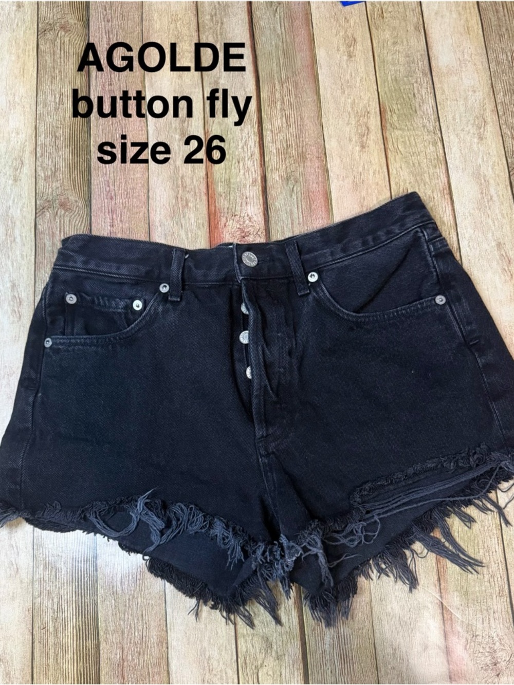 Agolde Black High-Rise Button-Fly Frayed Denim Shorts